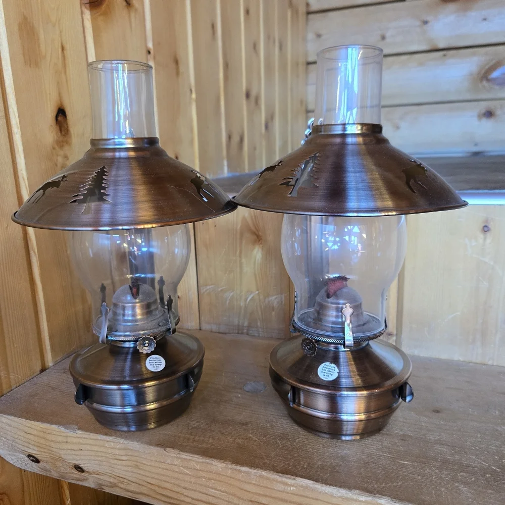 Oil Lamps Lot Of 2 Bronze Finnish Glass Top Mountain Moose Trees Rustic 12in